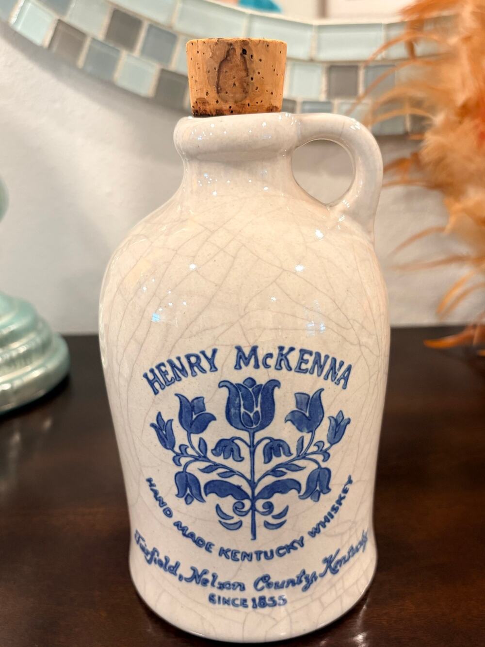 Vintage Henry McKenna Kentucky Whiskey Stoneware Jug 4/5 Quart Cork Blue White